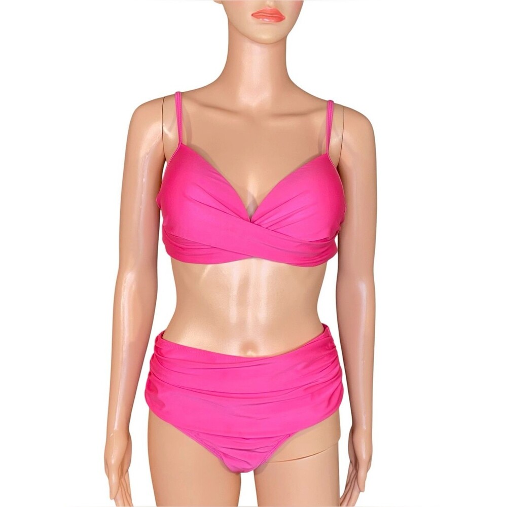 Hot Pink Two-Piece Swimsuit Bikini High Waist Twist Front Ruched Adjustable XL